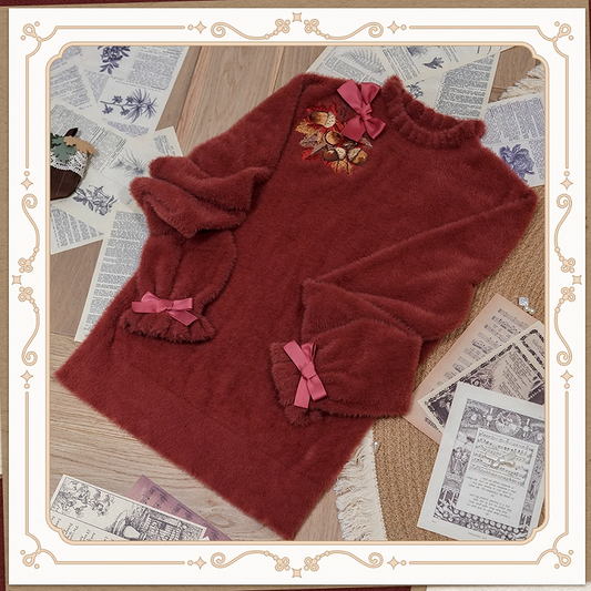 Maple Leaf Embroidery Neckline Bowknot on Cuffs Brick Red Autumn Knit Top