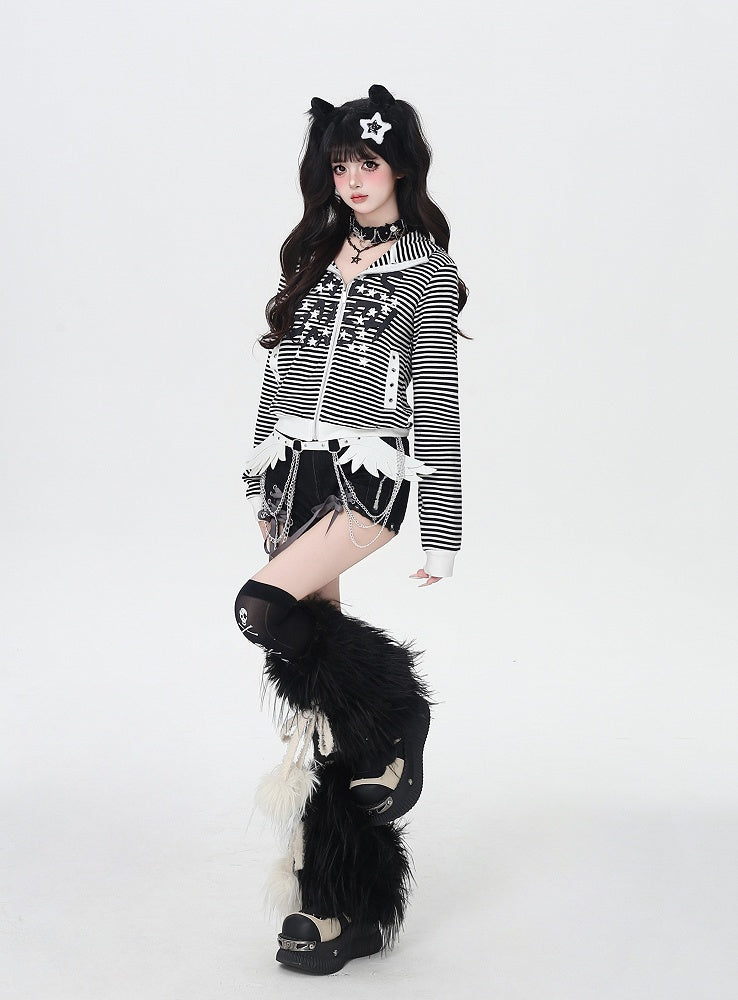 Black and White Stripes Star and Letter Print Zip-up Jacket