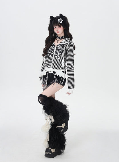 Black and White Stripes Star and Letter Print Zip-up Jacket