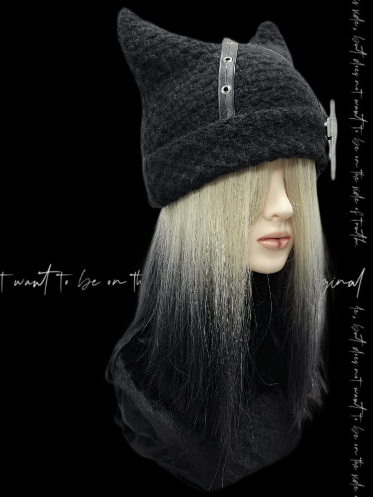 Punk Black Cat Ears Design Criss-cross Straps Cross Accent Glamorous Beanie