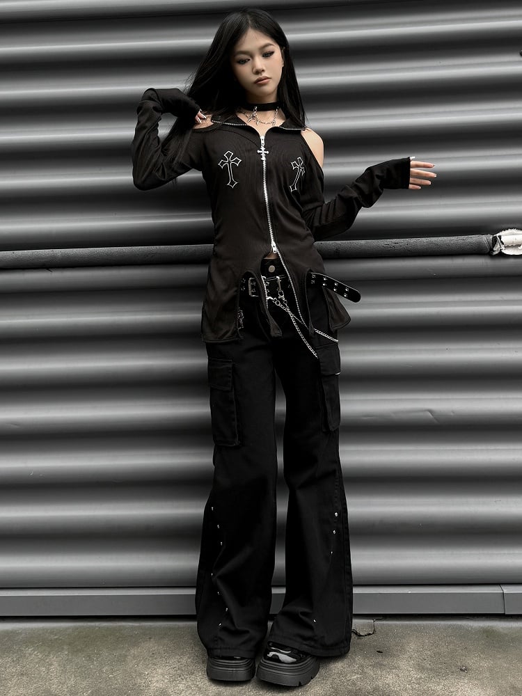 Punk Black Letter Patch Cargo Pockets Design Low Waist Fishtail Pants with Belt