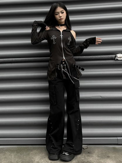 Punk Black Letter Patch Cargo Pockets Design Low Waist Fishtail Pants with Belt