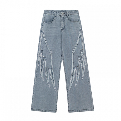 Light Blue Low Rise Wings Embroidery Applique Vintage Wide-leg Jeans