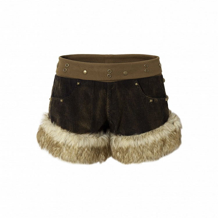 Plush Trim Corduroy Black & Yellow Shorts