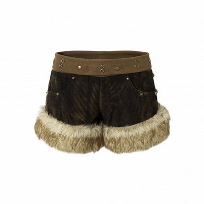 Plush Trim Corduroy Black & Yellow Shorts