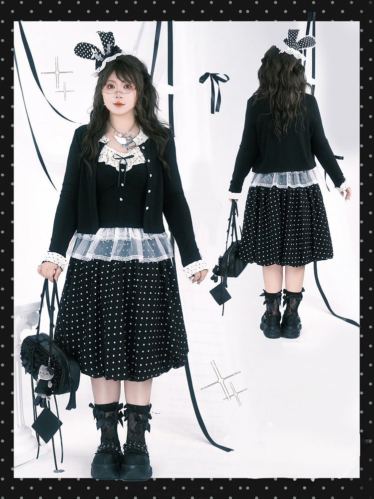 Plus Size Black Below-Knee Skirt with White Polka Dots & Side Zipper