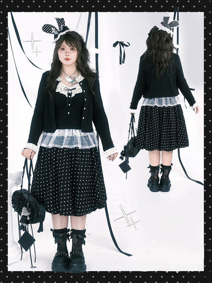 Plus Size Black Below-Knee Skirt with White Polka Dots & Side Zipper