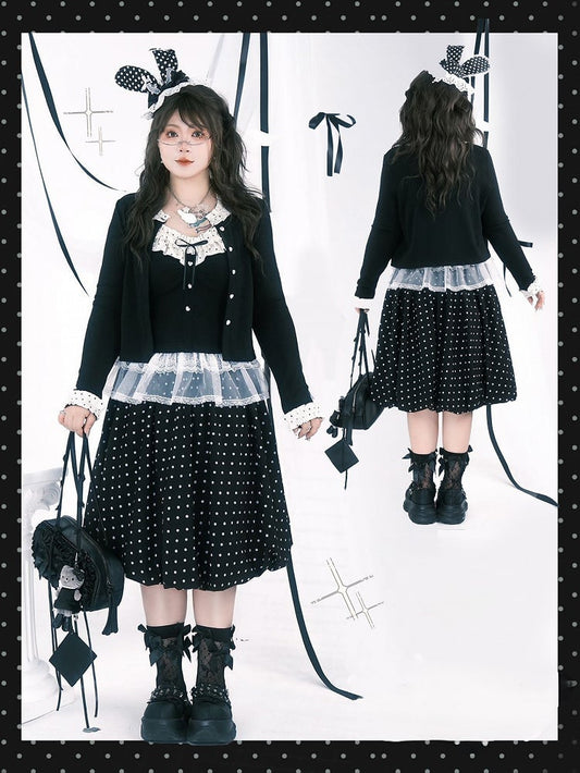 Plus Size Black Below-Knee Skirt with White Polka Dots & Side Zipper