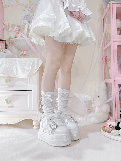 White Bow Accents Beaded Buckle Design Jirai Kei Platforms Shoes