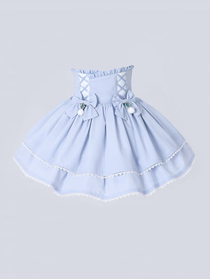 Baby Blue Jirai Kei Pompom Bows Adorned High Waist Skirt Smocked Elastic Back Waist