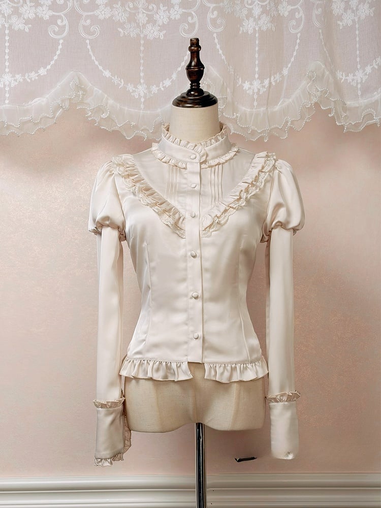 Beige Juliette Sleeves Lolita Blouse with Lace-Up Back and Ruffled Details