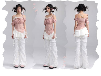 White Balletcore Lace Ruffles Pants + Self-tie Skirt Set