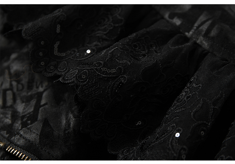 Black  Lace-up Details Lace Trim Tiered Skirt