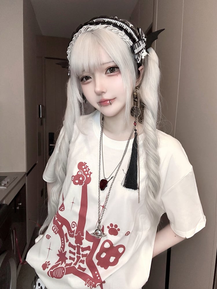 White and Red Punk Rock Guitar Print Jirai Kei T-Shirt with Guitar Pick Necklace