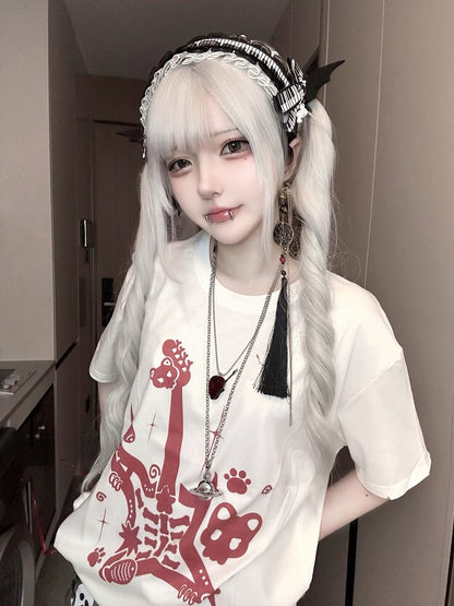 White and Red Punk Rock Guitar Print Jirai Kei T-Shirt with Guitar Pick Necklace