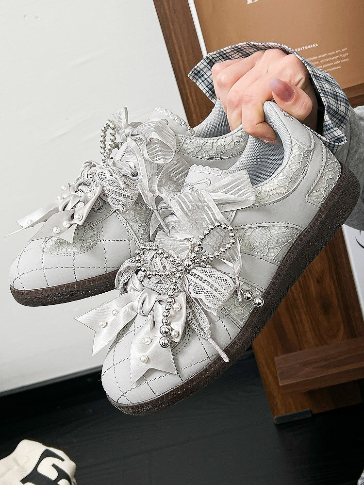Gray Beaded Decorated Bow at Top Lace Front Lace-up Ties Sneakers