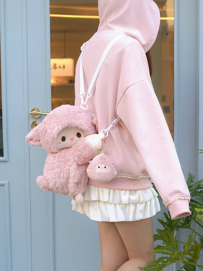 Cute Little Lamb Pink Plush Backpack/Crossbody Bag + Keychain