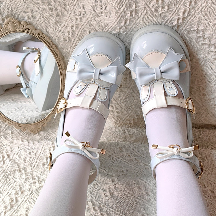 Polished Blue Sweet Lolita Heart Details Bunny Ear Bow at Top T-strap Platforms
