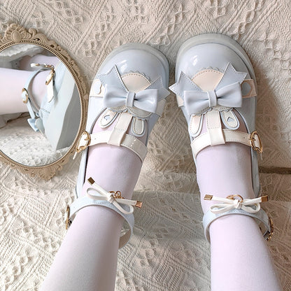 Polished Blue Sweet Lolita Heart Details Bunny Ear Bow at Top T-strap Platforms