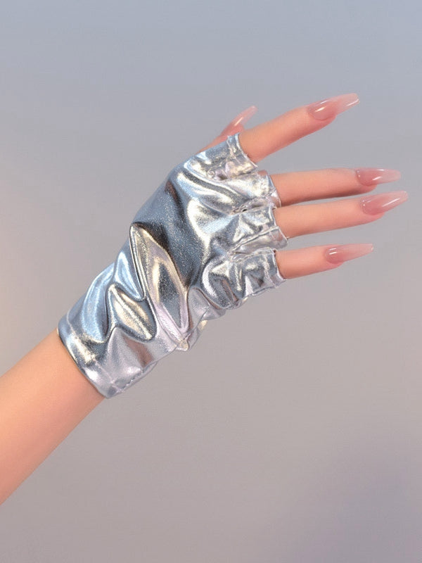 Silver/Black Cyberpunk Futuristic Half Finger Gloves