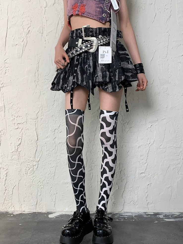 Black&White Y2K Asymmetrical Design Overknee Stockings