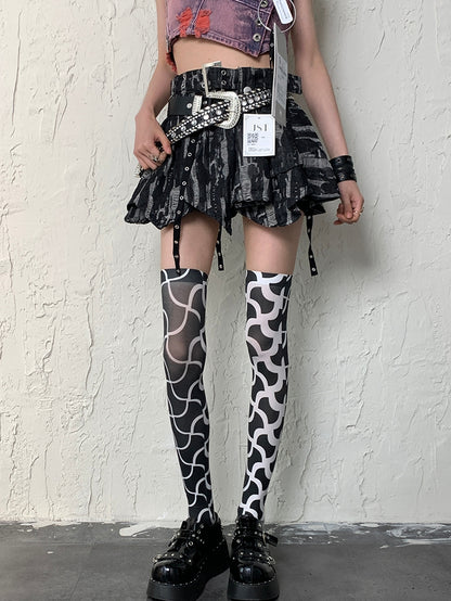 Black&White Y2K Asymmetrical Design Overknee Stockings