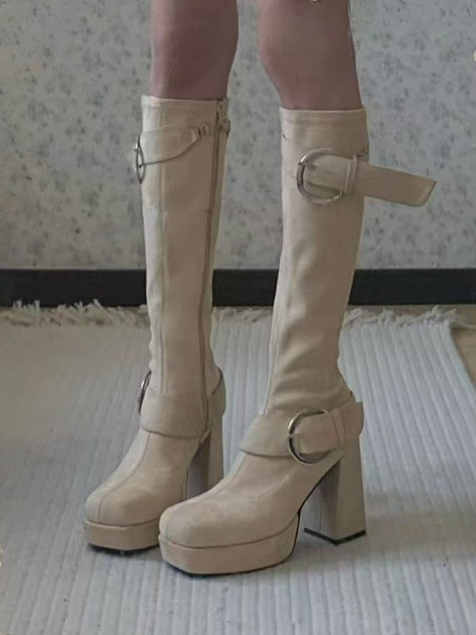 Khaki Lolita Platform Knee-High Boots - Square Toe High Block Heel with Buckle Accents & Inner Zip