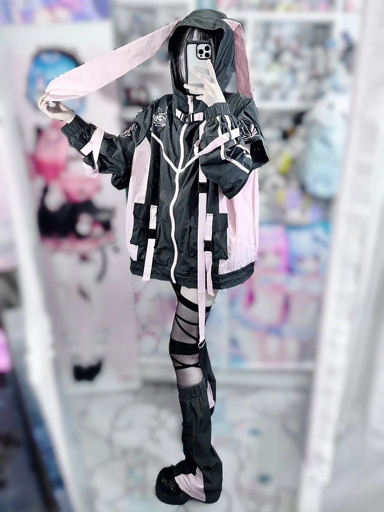 Black & Pink Bunny Ear Colorblock Design Jersey Maid Jirai Kei Hooded Jacket/Leg Warmers
