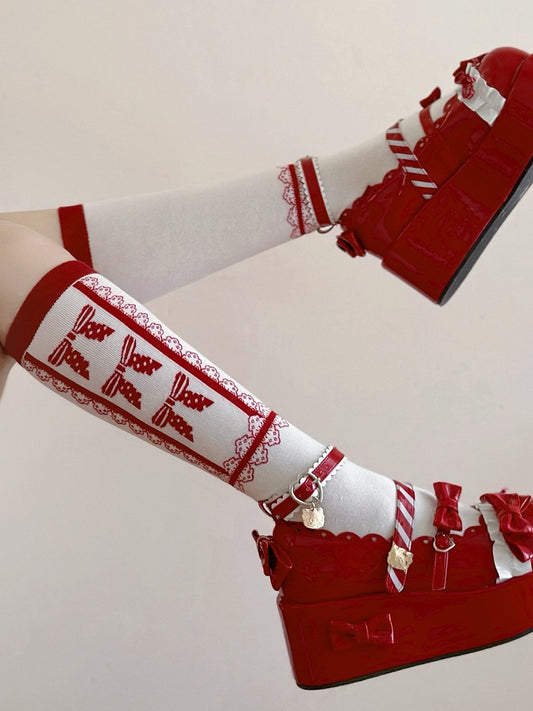 Red Lace and Bowknot Pattern Lolita White Calf Socks