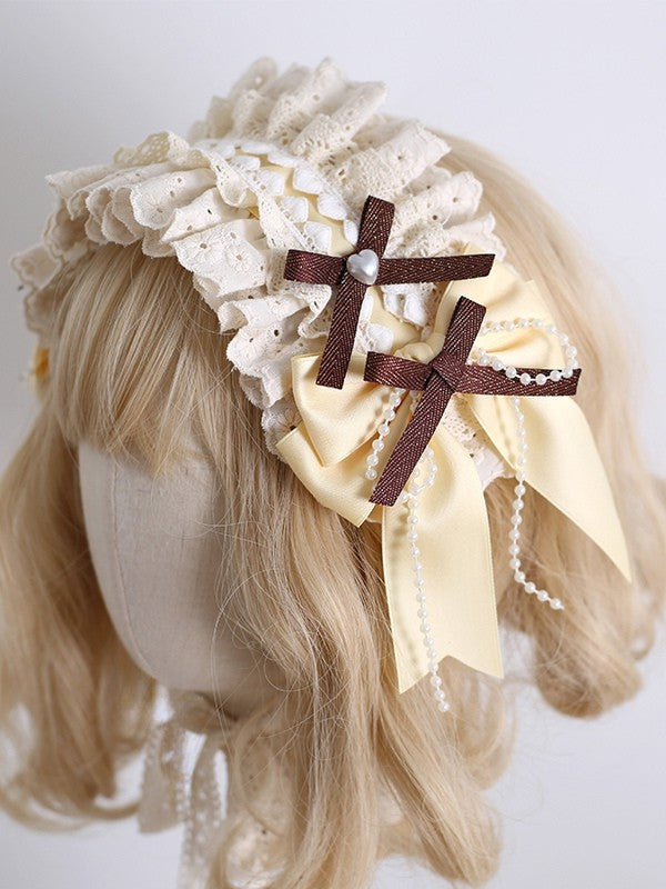 Yellow&Brown Sweet Lolita Beaded Decorated Bowknot Details Ruffled Hairband