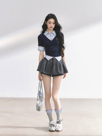 Preppy Style Polo Collar Navy Blue Striped T-shirt Faux Two-pieces