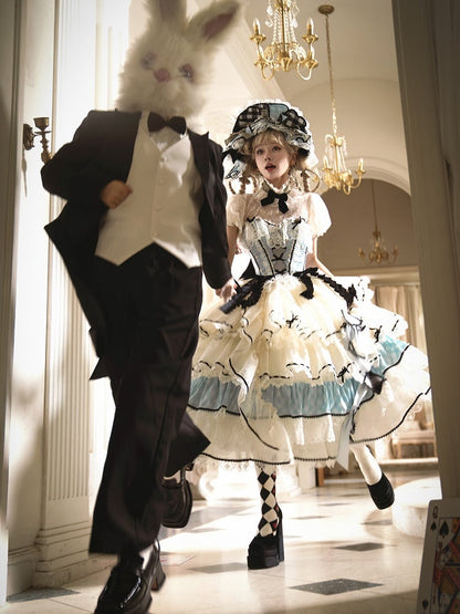 Alice in Wonderland Vibes Blue Boned Corset Top + Tiered Skirt Gorgeous Hime Lolita Full Set