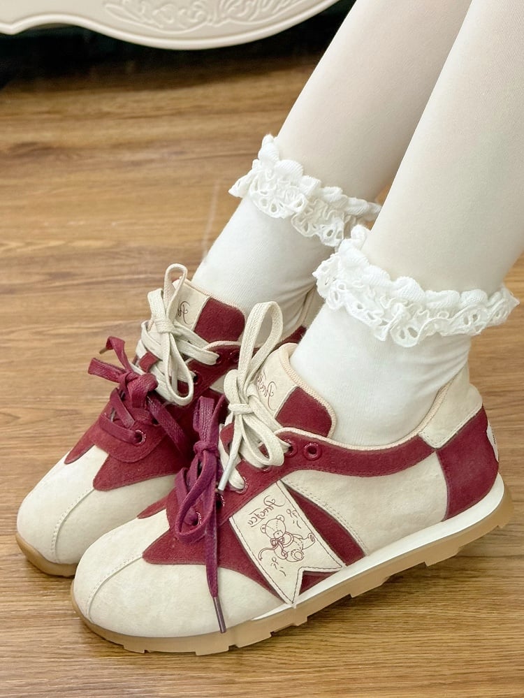 Red Letter And Bear Decorated Front Lace-up Ties Sneakers