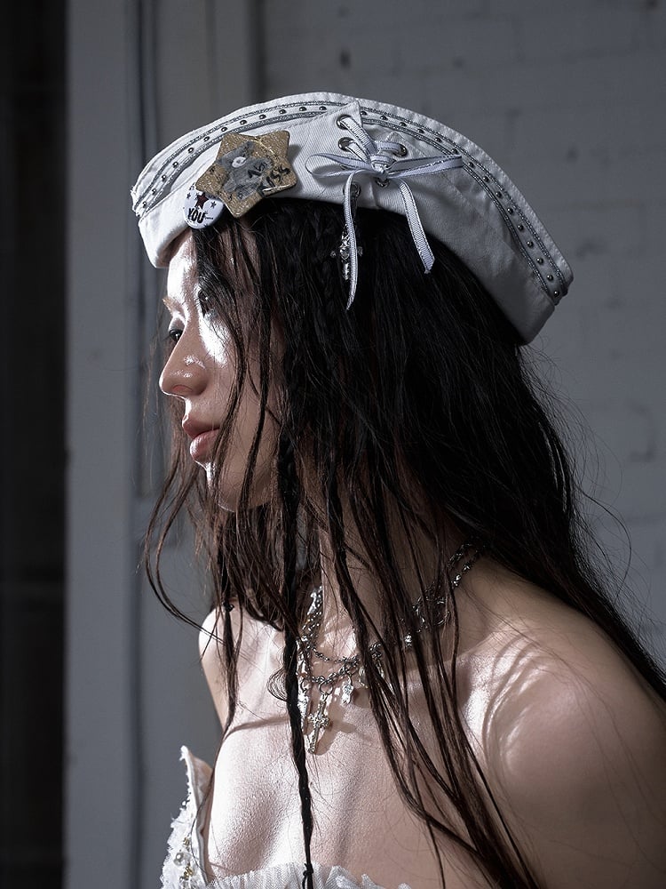 Black/White Navycore Lace-up Detail Cross Charm Punk Studded Sailor Hat