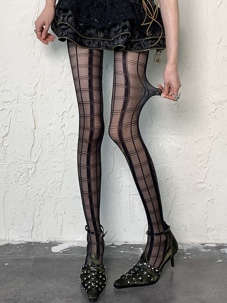 Black Wasteland Punk Plaid Pattern Tights