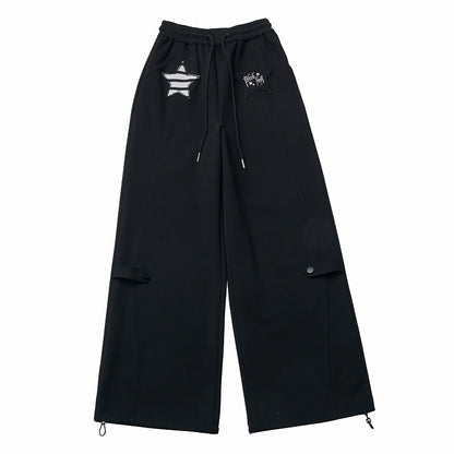 Black Drawstring Straight-Leg Pants with Star Stripe Applique Design