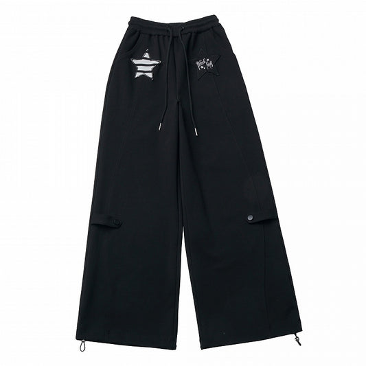 Black Drawstring Straight-Leg Pants with Star Stripe Applique Design