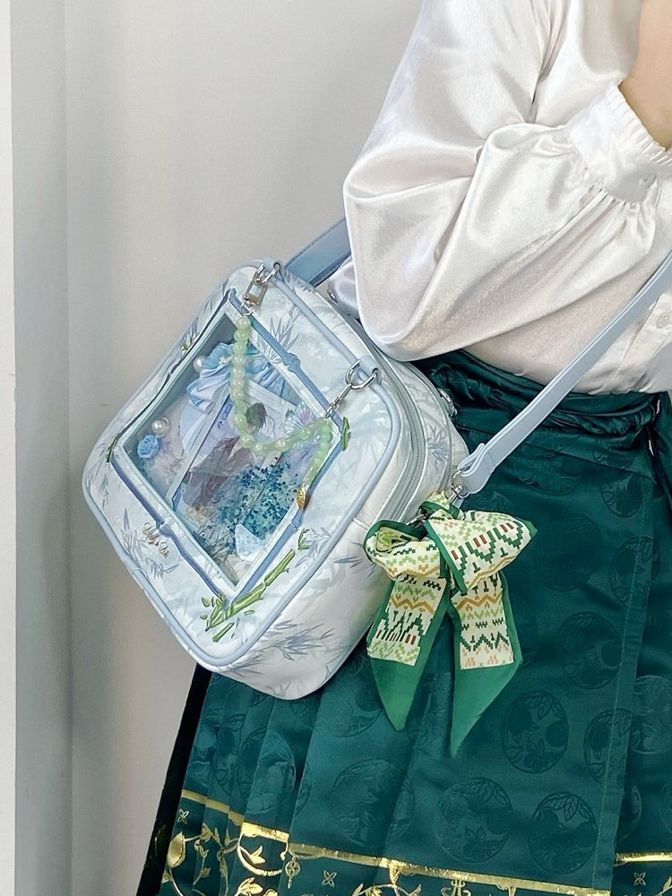 Light Blue Bamboo Leaf Pattern Cheongsam Style Ita Shoulder Bag with Detachable Beaded Chain