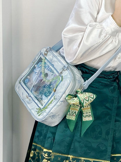 Light Blue Bamboo Leaf Pattern Cheongsam Style Ita Shoulder Bag with Detachable Beaded Chain