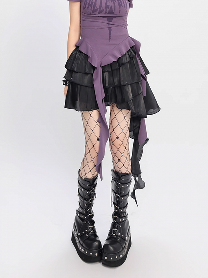 Black Elastic Waist Cascading Ruffles Tiered Mesh Skirt