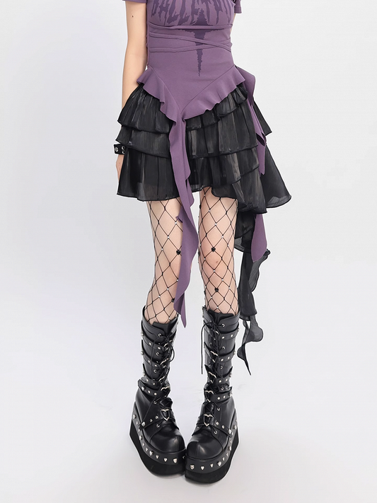 Black Elastic Waist Cascading Ruffles Tiered Mesh Skirt