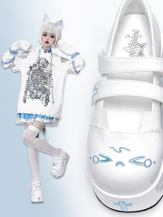 Crying Kitty and Cross Embroidery Blue and White Velcro Straps Platforms