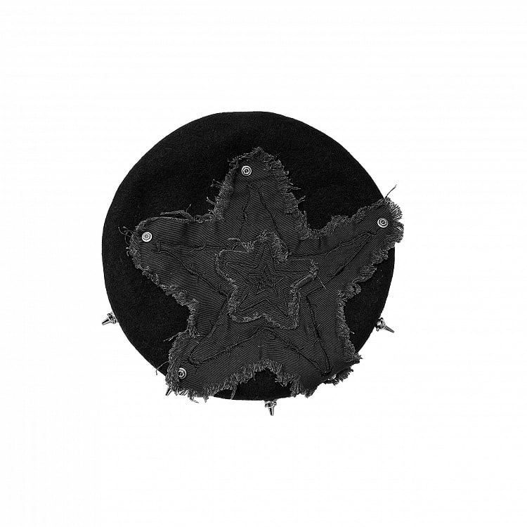 Black Punk Star Applique Stud Details Winter Beret