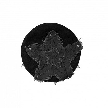 Black Punk Star Applique Stud Details Winter Beret