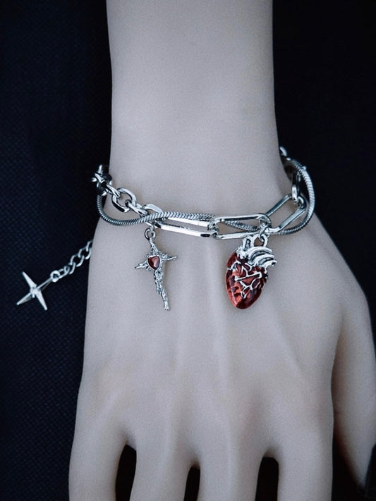 Gothic Handmade Heart and Cross Charm Silver Bracelet