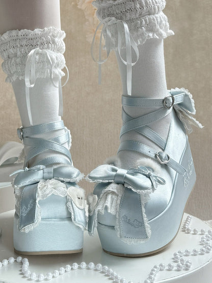 Blue Sweet Lolita Platforms with Plush Bear Ear Accents, Bow Embellishments & Crossed Straps