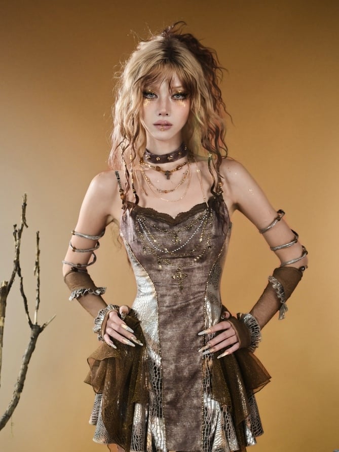 Brown Wasteland Punk Snakeskin Pattern Contrast Lace Patches Asymmetrical Hem Cami Top