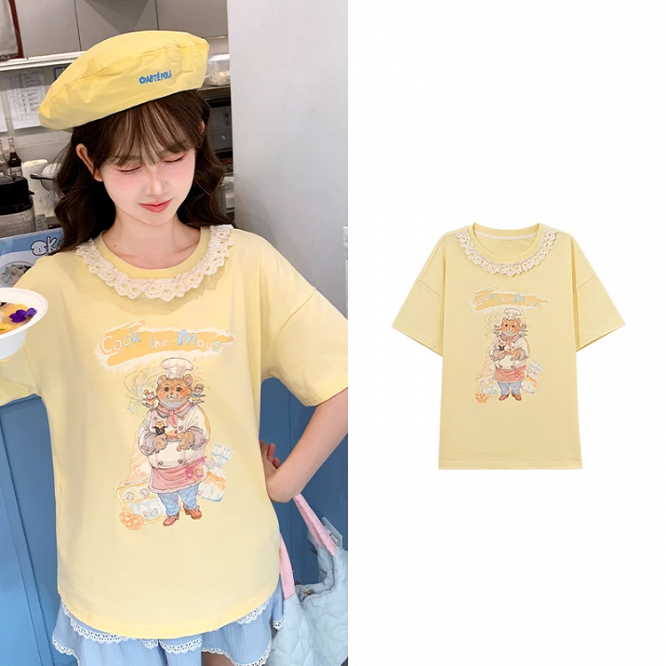 Chef Mouse Print Lace Trim Neckline Yellow Round Neck Loose Cotton T-shirt