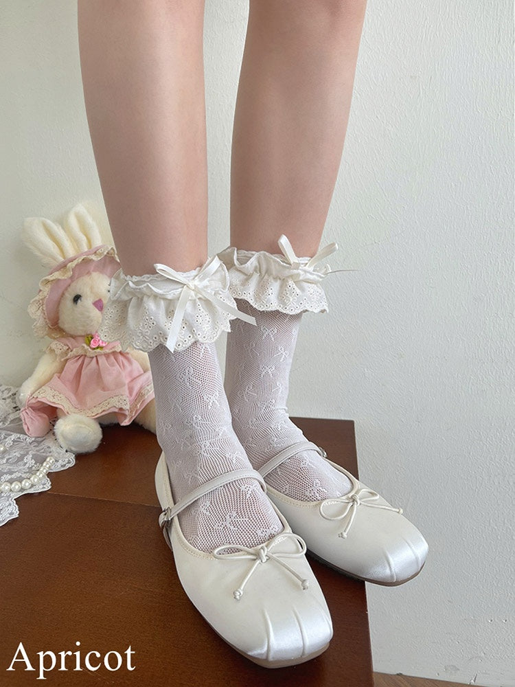 Black/White/Apricot Bowknot Details Lace Trim Hollow-out Socks