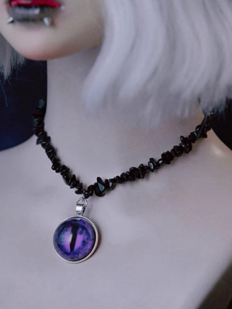 Purple Demon Eye Pendant Gothic Black Crushed Stone Necklace